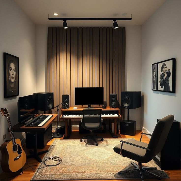SurPunjab Studio control room in Lahore with monitors, keyboard and guitar